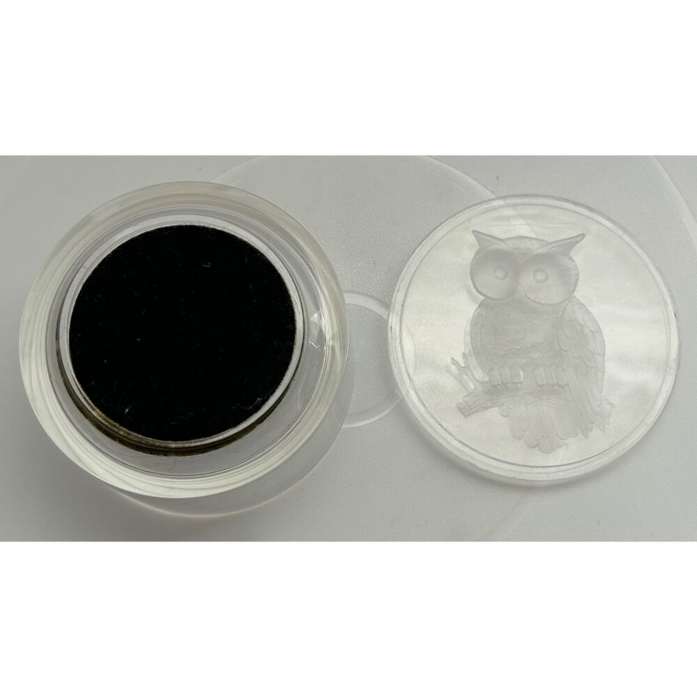 Trinket Jewelry Box Etched Owl Design Lid Round Clear & Black Vintage Look Retro - Picture 7 of 8